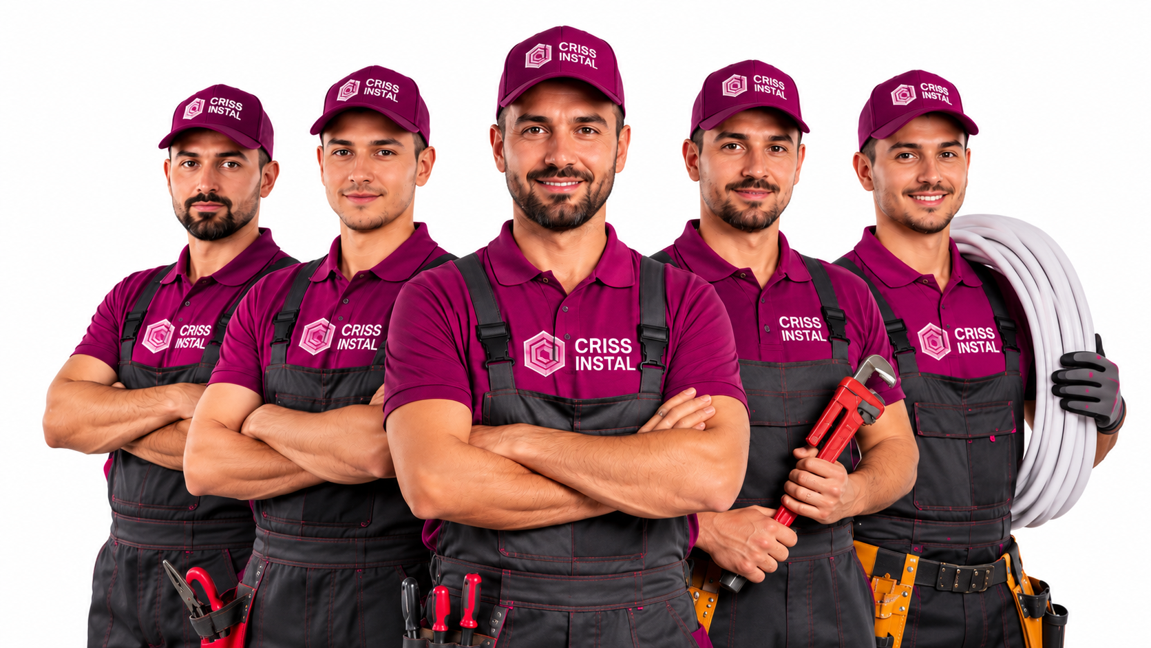 Echipă de instalatori Criss Instal în uniforme magenta